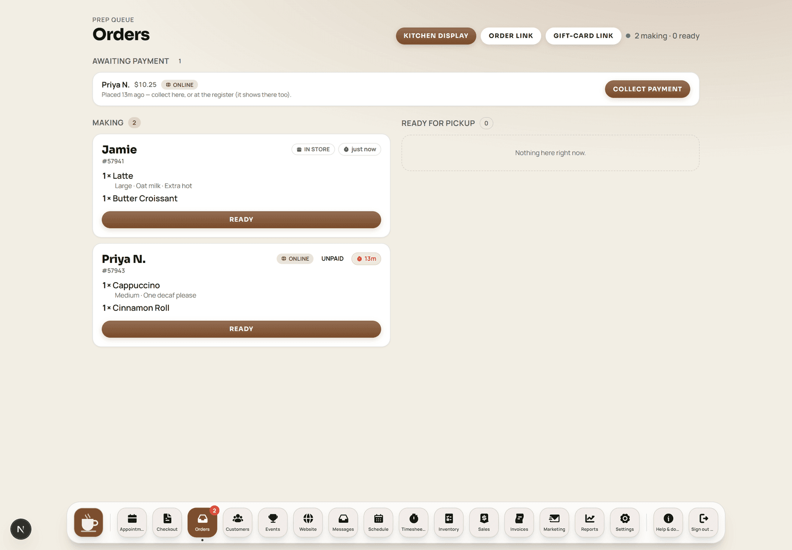 The prep queue showing named orders moving from new to ready.