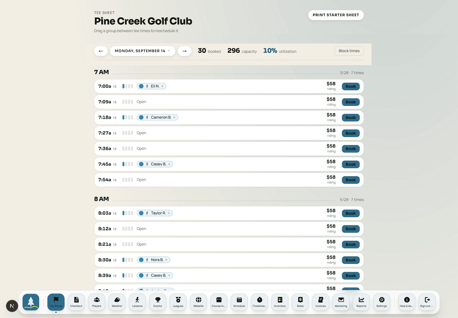 Pine Creek Golf Club's own tee sheet, separate from Cedar Ridge's, under the same organization.