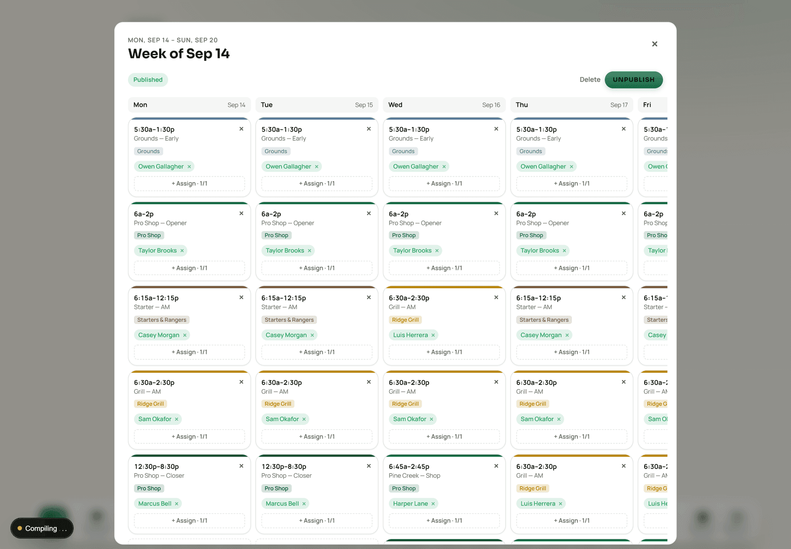 A published week of the staff schedule with shifts assigned by team across the pro shop, grill, grounds and starters.