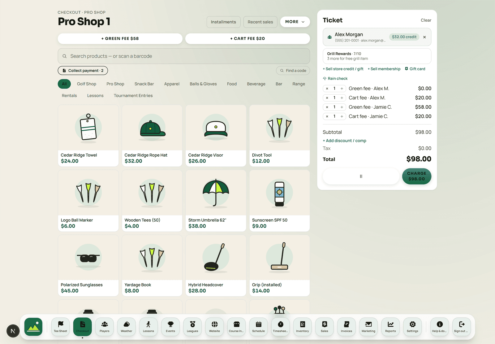 The register with green fee and cart fee lines for two golfers, already priced, sent from the tee sheet.