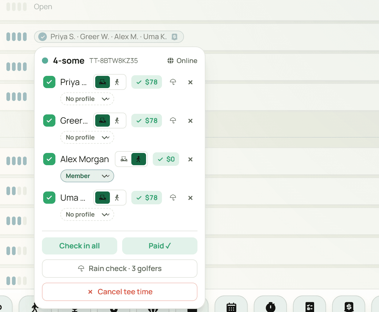 A fictional four-player booking with three public golfers at $78 and Alex Morgan on the Member walking rate at $0, with each player's check-in status visible.